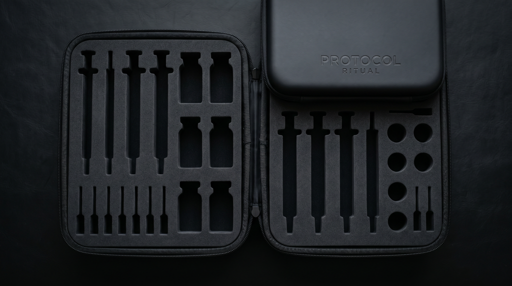 Protocol Ritual Home Kit open, organizing a month of vials and wellness supplies.  Branded prep wipes in two sizes included in the Protocol Ritual Home Kit