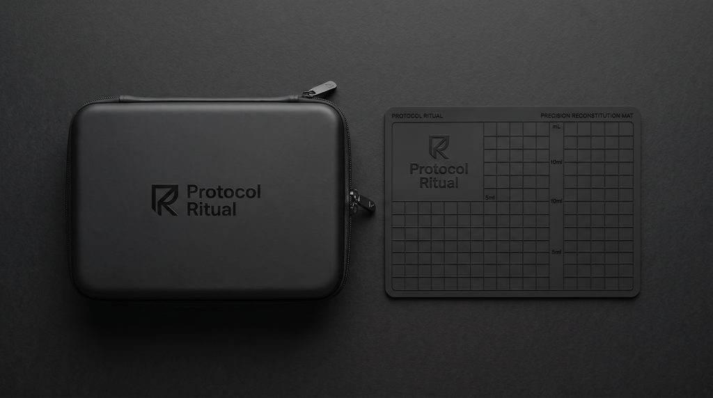 Protocol Ritual Home Kit black hardshell EVA case, closed, with embossed wordmark — TRT and peptide supply organizer.  Foldable silicone work surface mat from the Protocol Ritual Home Kit, unfolded