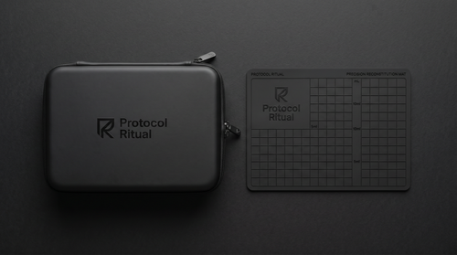 Protocol Ritual Home Kit black hardshell EVA case, closed, with embossed wordmark — TRT and peptide supply organizer.  Foldable silicone work surface mat from the Protocol Ritual Home Kit, unfolded